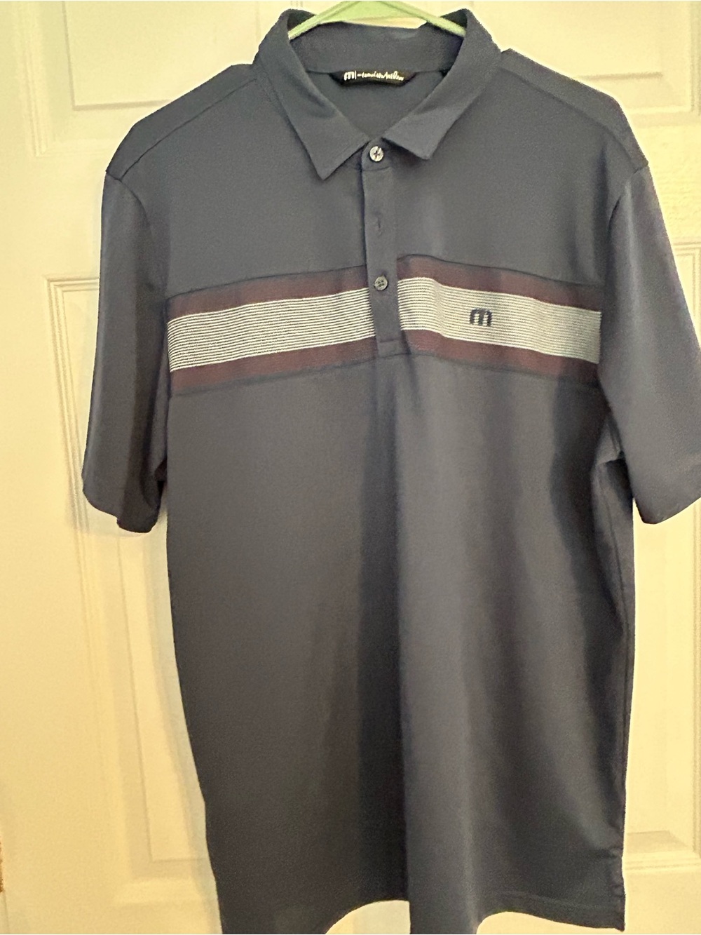 Travis Mathew Navy Polo with White and Brown Stripe